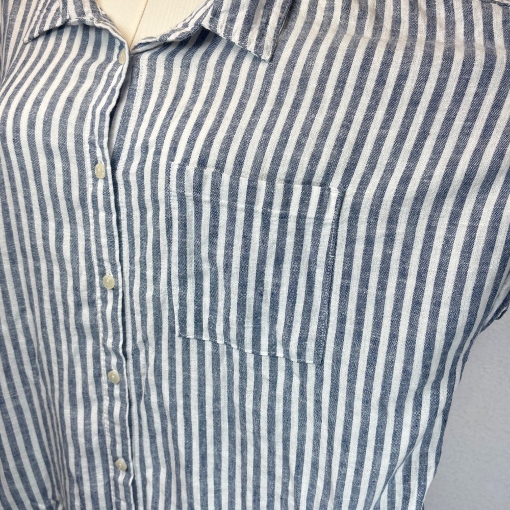 VTG Orvis Button Up Shirt Blue White Striped Linen Coastal Nautical Beach XL - Picture 6 of 12